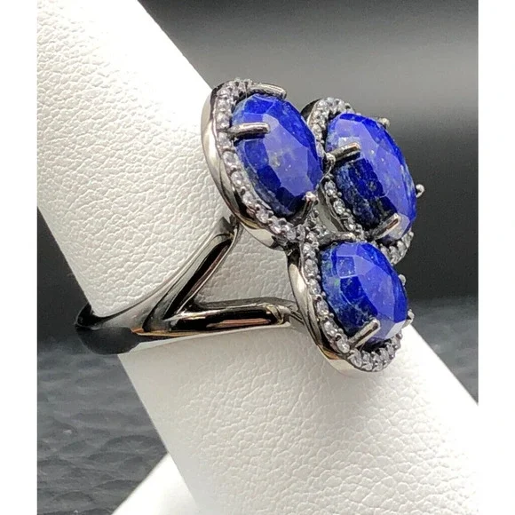 Lapis Lazuli Ring JTV Natural Stone CZ Rhodium Gunmetal Tone